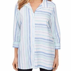 Foxcroft Button Up Womens 16 Striped Linen Long Sleeve Tunic Top Resort Relaxed